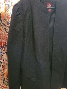 Shoulder Detail Black Wool Open Front Jacket, Size 40 Fall Into Winter Layers